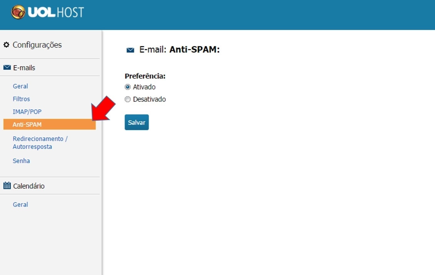 Para ativar ou desativar o Anti-SPAM do seu e-mail profissional